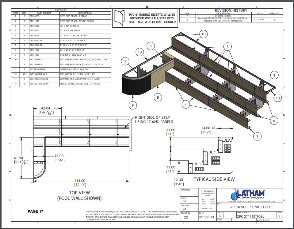 12' Straight Step Polymer 90 Deg. 3-Tread 6" Radius w/ Left Bench